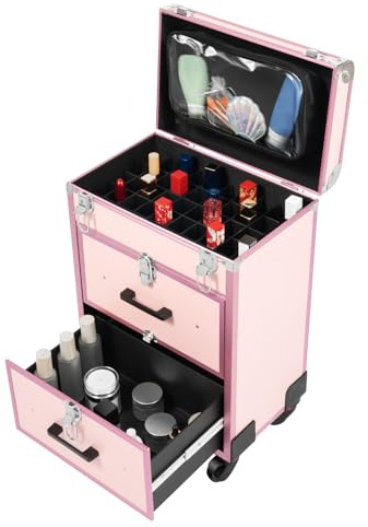 Kosmetikkoffer Trolley, Kosmetik Trolley mit 2 Schubladen und Räder, Make up Koffer Kosmetikkoffer für Friseure, Nageltechniker und Kosmetiker (Rosa)