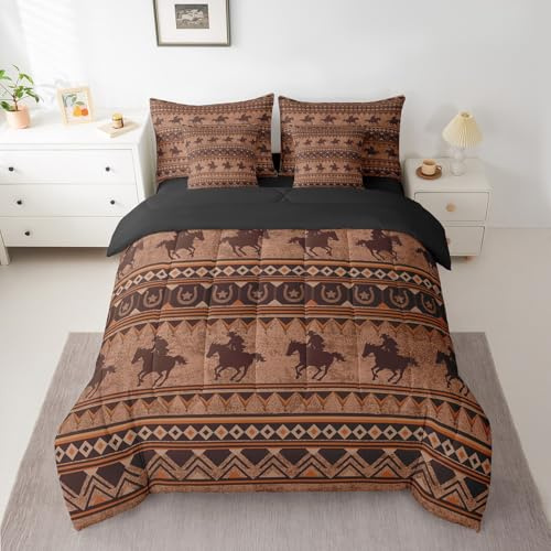 Feelyou Western Decor Comforter Set with Sheets King Size Horse Bed in a Bag Southwestern Native Aztec 7 Pieces Bedding Set Retro Exotic Boho Bed Set Room Decor Rustic Brown