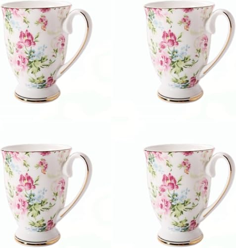 MIATTCLD Set di 4 tazze da caffè, motivo floreale, grandi ossa della Cina, 300 ml, con manico per cappuccino, caffè, tè, latte, ufficio, regalo (D)