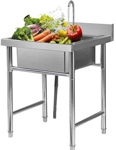 DCLINAD Edelstahl Outdoor Spüle Integriertes Standwaschbecken Freistehendes Einzelbecken-Spülenset Gewerbliche Küchenspüle Mit Wasserhahn Für Garage, Restaurant, Wäscherei Einfach Zu Montieren