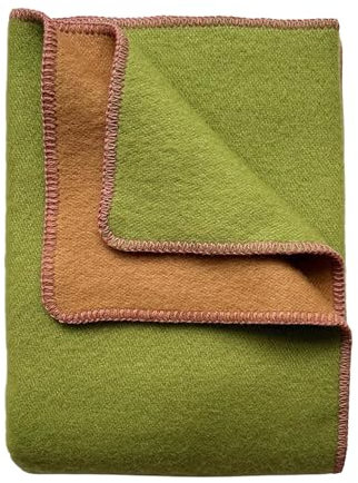 JOWOLLINA WoolOnly - Plaid double-face in lana norvegese, 130 x 200 cm, colore: Verde cammello/rosa