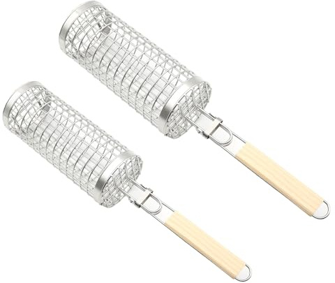 Roll-Grillkörbe, rollender Grillkorb, Grillkorb für den Außenbereich, 2-teiliges Grillwerkzeug-Set aus Edelstahl mit Holzgriff für Camping im Freien