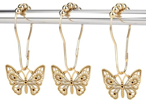 WEBEEDY 12 Pcs Gold Butterfly Shower Curtain Hooks Stainless Steel Shower Curtain Rings Rust Proof Rings Butterfly Bathroom Decor Window Curtains Ring for Bedroom Living Room Home Decor