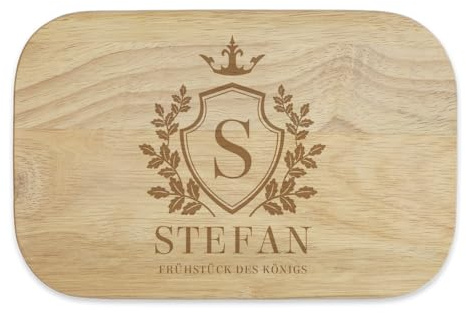 Personalisiertes Frühstücksbrettchen Wappen Motiv, Ihr Text mit Laser in Gummibaum Hartholz eingebrannt, 23x15cm, Schneidebrett mit Gravur