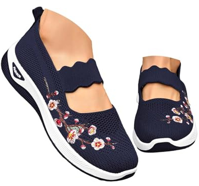 riou Zapatillas ortopedicas Mujer Verano Bordado Patrón Zapatillas con Malla Sin Cordones para Sin Manos Antideslizantes para Ligeras Cómodas Caminar Calzado pie diabetico