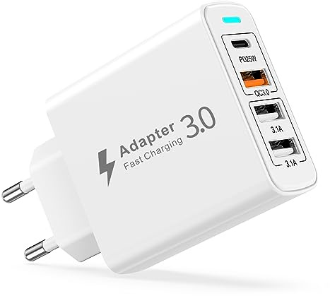 Caricatore USB C Presa, 40W 4 Porte Caricatore USB Multiplo PD&QC Carica Rapida Cellulare, Spina Alimentatore Tipo C Caricabatterie per iPhone 17 16 15 14 13 12, Samsung S25, Spinotto Muro Adattatore