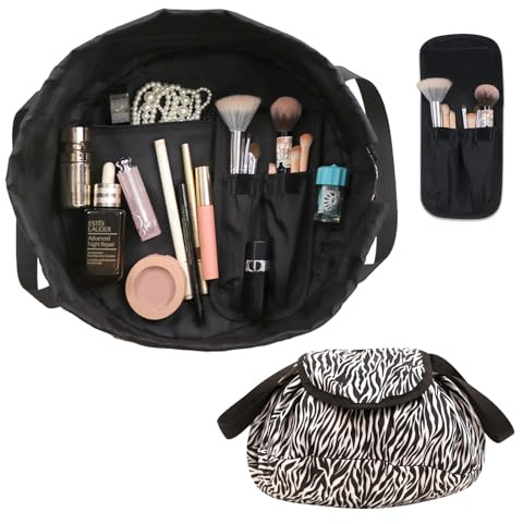 Drawstring Makeup Bag ¨C Barrel Drawstring Cosmetic Bag Opens Flat for Travel Toiletry Cinch Bag with Brush Bag (Zebra)
