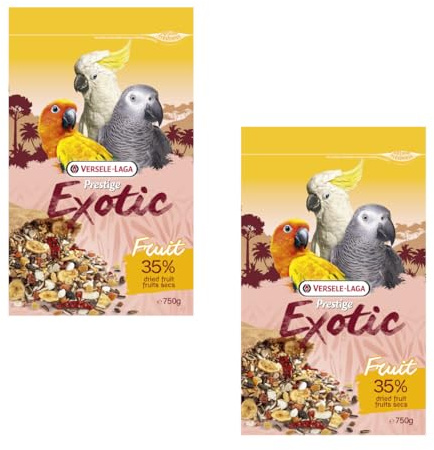 Versele-Laga Prestige Exotic Parrots Fruit | Paquete Doble | 2 x 750 g | Alimento Complementario para Loros | A Base de Semillas, Cereales y Frutas | Contiene Papaya, Plátano, Piña y Albaricoques
