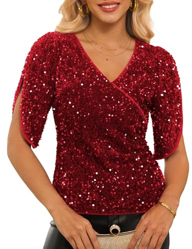 GRACE KARIN Damen V-Ausschnitt Vintage Retro Bluse Festclihe Samt Oberteile Pailletten Cocktail Highlights Tops Rot L