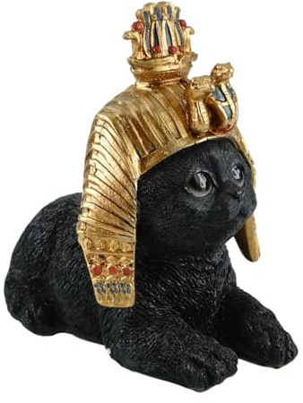 Kremers Schatzkiste Pharao Katze Dekofigur Ägyptische Katzenstatue aus Polyresin handbemalt - Schwarze Design-Katze mit Goldener Krone - Edle Wohn- & Geschenkdeko 16×17×11 cm