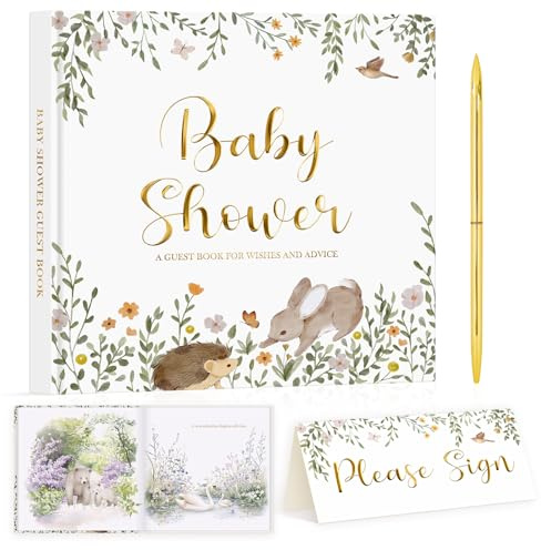 Lanpn Baby Shower Guest Book with Please Sign Table Card & Gold Pen, 114 Pages Baby Shower Guest Sign in Book, Gender Neutral Animal Theme, Memory Keepsake Gift for New Parents & Mom to Be