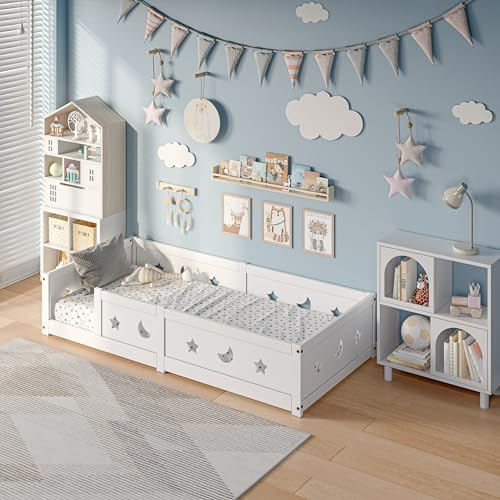DADEA Cama 90x200 Infantil con Barreras, Cama Infantil Niño con Somier, Camas Niños BlancoCama Infantil90x200 Moderna Camas InfantilesCama de Niña InfantilCamas Individuales Infantiles, Sin colchón