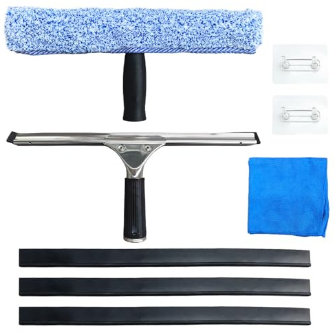 Fensterreiniger Set, 8 Stück, 35 cm, Professionell, mit Gummilippe, Mikrofaser Fensterwischer, Haken, für Dusche, Badezimmer, Spiegel, Glas