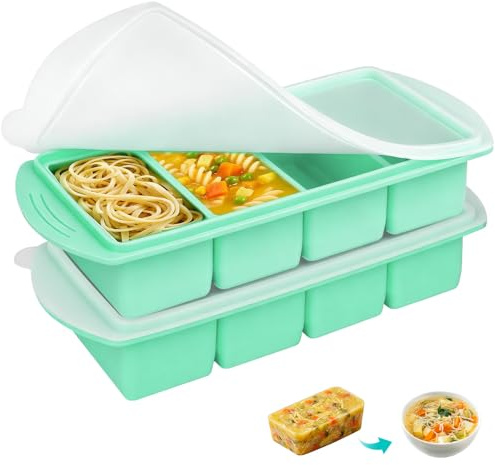 DAJASD Silikon Gefrierform mit Deckel, 2 Stück Silikon Gefriertablett, 250ml Suppen Freezer Eiswürfelbecher, Suppenbehälter und Gefrierformen für Lebensmittel, Aufbewahrung von Suppe, Soße(4 Gitter)