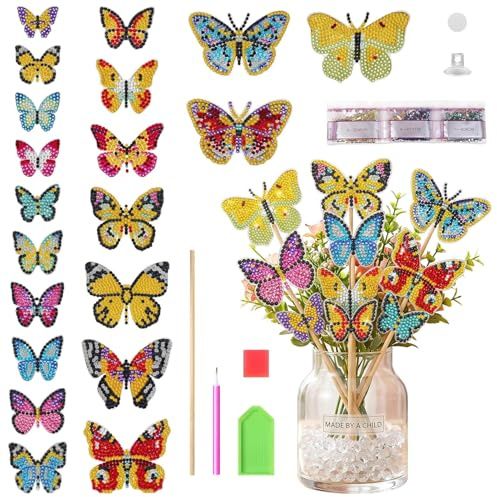20 Stück Diamond Painting Schmetterling Set, Diamond Painting Bilder DIY Bastelset mit Acryl Blumenstecker, Garten Balkon Blumentopf Dekoration, Geschenk