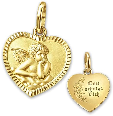 Clever Smycken hjärta hänge med ängel 11 x 10 mm baksida Gud skyddar dig * blomdekor kant diamant 333 guld 8 karat i fodral sand, Gult guld, Ingen ädelsten