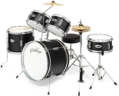 Ashthorpe 5-Piece Complete Kids Drum Set with Genuine Brass Cymbals - Junior Beginner Kit with 16 Bass, Throne, Hi-Hats, Pedals & Drumsticks - Black