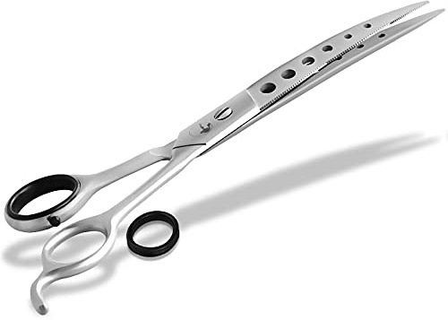 Premium Fellschere gebogen Haarschere für Fell und Tierhaare Schere 19,5 cm | Hundeschere mit abgestumpften Spitzen Easy Glide Loch Design