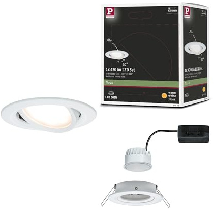Paulmann 93448 LED Einbauleuchte Nova Coin Einzelleuchte schwenkbar rund 84 mm 50° Coin 6W 470lm 230V 2700K Weiß matt