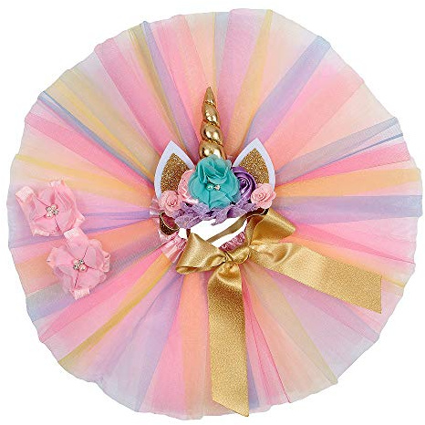 Nishine Bébé Fille Robe Jupe Tutu superposée avec Bandeau en Forme de Licorne pailletée pour fête d'anniversaire(Arc-en-Ciel)