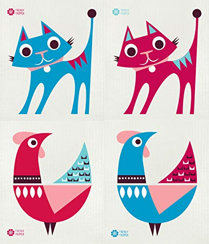 Trendy Tripper Jenn Ski Reusable Swedish Dishcloths MID-CENTURY MODERN ABSTRACT Designs Set of 4 (4 Pk: Roosters + Cats Turq/Pink)