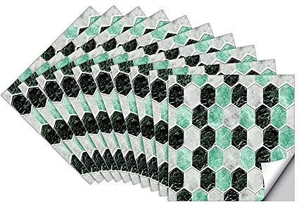 Hiseng 10pcs Kitchen Bathroom Wall Tile Stickers, DIY Square Decals Simple Crystal Gem Series Sticker for Kitchen Living Room Bathroom Home Decor Self-Adhesive (Jade green,20x20cm)