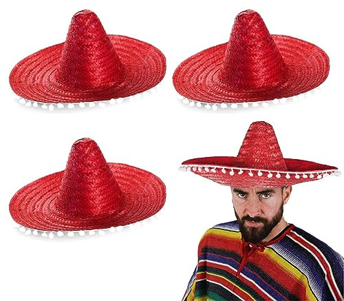 I LOVE FANCY DRESS 3 sombreros mexicanos rojos para adultos, sombrero de paja rojo con ribete de pompón para hombres y mujeres
