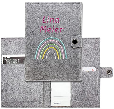 Mutterpasshülle Regenbogen Pastell aus Filz mit Personalisierung | In Deutschland hergestellt I Mit Innentaschen für Versichertenkarte und Ultraschallbilder I Personalisiertes Geschenk für Schwangere