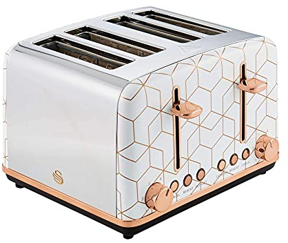 Swan Tribeca 4-Slice Toaster in White, Rose Gold Accents, Geometric Pattern, Independent Browning Controls, ST42020WHTN