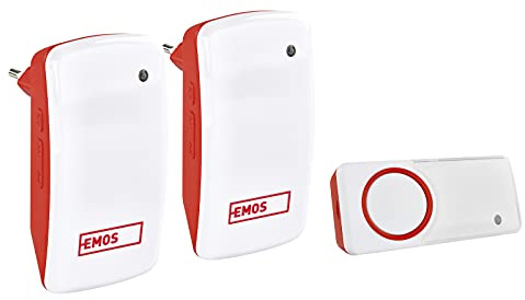 EMOS Batterielose Türklingel/Funkklingel Set mit 2 Empfängern, 150 m Reichweite und 10 Klingeltönen, 5 Stufen Lautstärke bis 95 dB/Visuelle Anzeige/Self-Learning Paarung/Farbe weiß/rot, P5750.2R