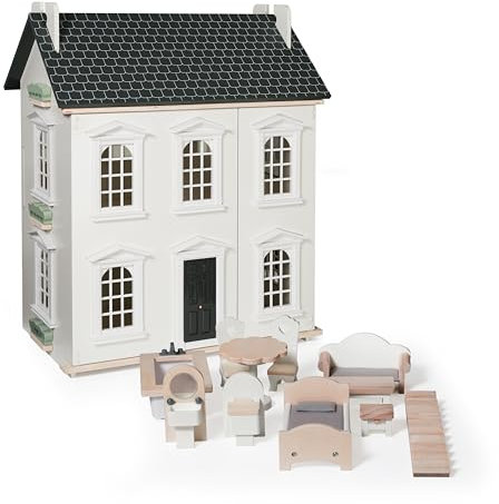 Hooga Wooden Dollhouse with Furniture Set Included, Multi-Level 3-Storey Pretend Doll's house Playset Toys for 20cm Dolls, Miniature Dolls House Gift for Girls & Kids - 55x26x65cm (White/Grey)