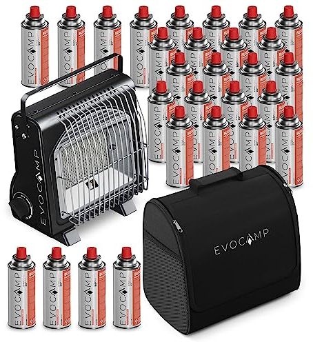 EVOCAMP Chauffage à gaz portable, réchauffeur de camping 1,7 kW, chauffage céramique, chauffage mobile parfait pour l'extérieur (+ 28 cartouches de gaz)