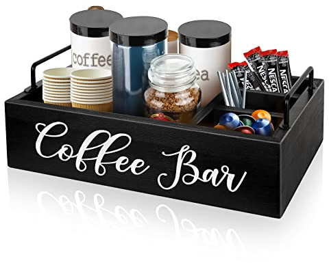 MINCORD Coffee Station Organizer Wooden Coffee Bar Holder Accessories for Countertop, Farmhouse Kcup Pod Storage Basket with Handle - Black