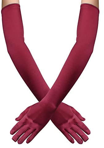 PTJJXA 55 CM Long Fancy Dress Gloves, 7 Colors Satin Elbow Mittens, Stretchy Evening Dancing Party Glove for Women, Ladies Opera Gloves for Prom Wedding Graduation Banquet (Wine Red)