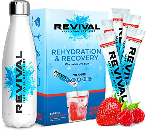 Revival Rapid Rehydration Starter Pack - Botella de Agua de Acero de 500 ml con 1 x 6 Paquetes de Sobres de Polvo de Electrolitos - Frutas de Verano