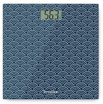 TERRAILLON - ONE UMI - Balance pèse personne électronique, Compact et ultra plat, Plateau en verre 27cm x 27 cm, Ecran LCD, Capacité 160Kg, Graduation 100g, Sérigraphie Umi