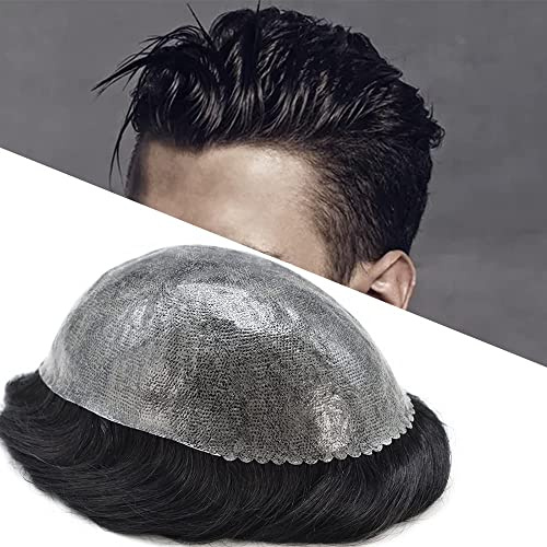 Toupee for Men Hairpiece Full Injected Poly Skin Hair System Replacement Durable PU Mens Toupee Hair Piece Unit for Men (#1 Jet Black-120% Medium Light to Medium, 8X10)