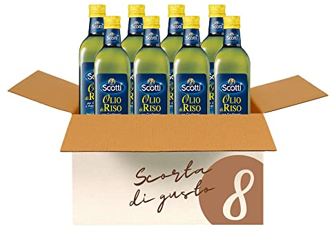 Riso Scotti Olio di Riso - Bottiglia per Condimenti e Fritture Delicate - Sapore Dolce per Cibi Freddi e Insalate - Fonte di Vitamina E, 0,75L x 8 pz