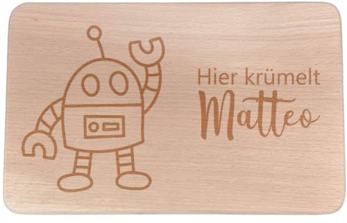 Personalisiertes Frühstücksbrettchen mit Namen I Holz Brettchen/Brotzeitbrettchen I Robo Motiv Graviert I Geschenk für Kinder