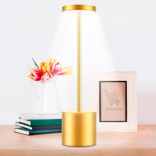 ZENDEU Lampe de Table LED Sans Fil Avec 3 Modes D'éclairage Réglable USB Rechargeable Pour Intérieur et Extérieur, Restaurants, Terrasses, Jardins (Dorée)