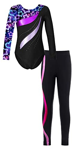 iEFiEL Mädchen Turnanzug Glitzer Gymnastik Leotard Langarm Akrobatik Anzug Tanzkostüme Turnbody Jumpsuit mit Sport Leggings Zb Star Schwarz und Hot Rosa 158-164