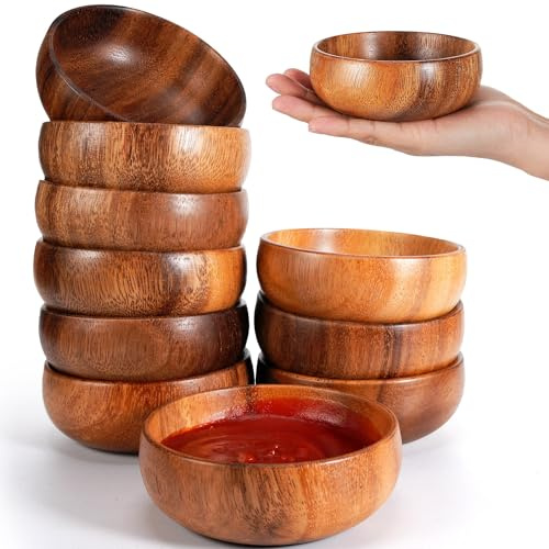 Skylety 10 Pcs Acacia Wooden Bowls Small Calabash Bowls Round Wood Salad Hand Carved Calabash Dip Tray for Serving Popcorn Pasta Coconut Nuts Sauce Appetizers Home Kitchen (4 Inch)