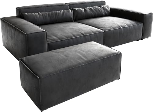 Big-Couch Sirpio XL Lederimitat Vintage Anthrazit 270x130 cm mit Hocker