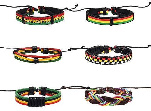 JNAWA Lot de 6 bracelets rastafari aux couleurs du drapeau jamaïcain tressé pour homme et femme Bracelet en cuir, Cuir