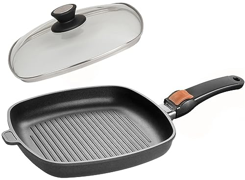 SKK große 2-tlg. Guss Grillpfanne 28x28 cm - Induktion - viereckige Antihaft Steakpfanne Stiel abnehmbar gerippter Boden & Deckel - Made in Germany