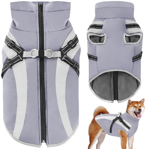 Oslueidy Wasserdichter Hundemäntelmit Geschirr Winter Warme Hundejacke Winddichte Haustier Kleidung Schneeanzug Hundejacken für Kleine Mittlere Große Hunde