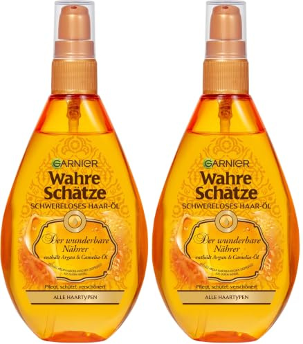 Garnier Haar-Öl für jedes Haar, Mit pflegendem Arganöl für mehr Glanz und Geschmeidigkeit, Wahre Schätze, 1 x 150 ml (Packung mit 2)