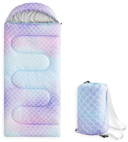 Wake In Cloud - Kids Sleeping Bag for Girls Toddlers, Camping in Warm Cold Weather, Backpacking Lightweight Compact Outdoor Liner for 3 Seasons Summer Spring Fall, Mermaid Purple Blue