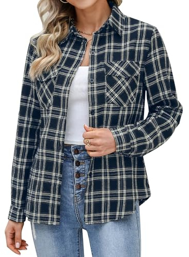 Aottori Dam rutig skjorta damer långärmad button-down casual flanell rutiga skjortor bas lös rutig blus topp, Maringrå vit, M