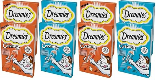 Dreamies Katzenleckerlis Creamy Snacks mit Lachs und Huhn Set mit 8 Packungen (32 Portionen à 10g)